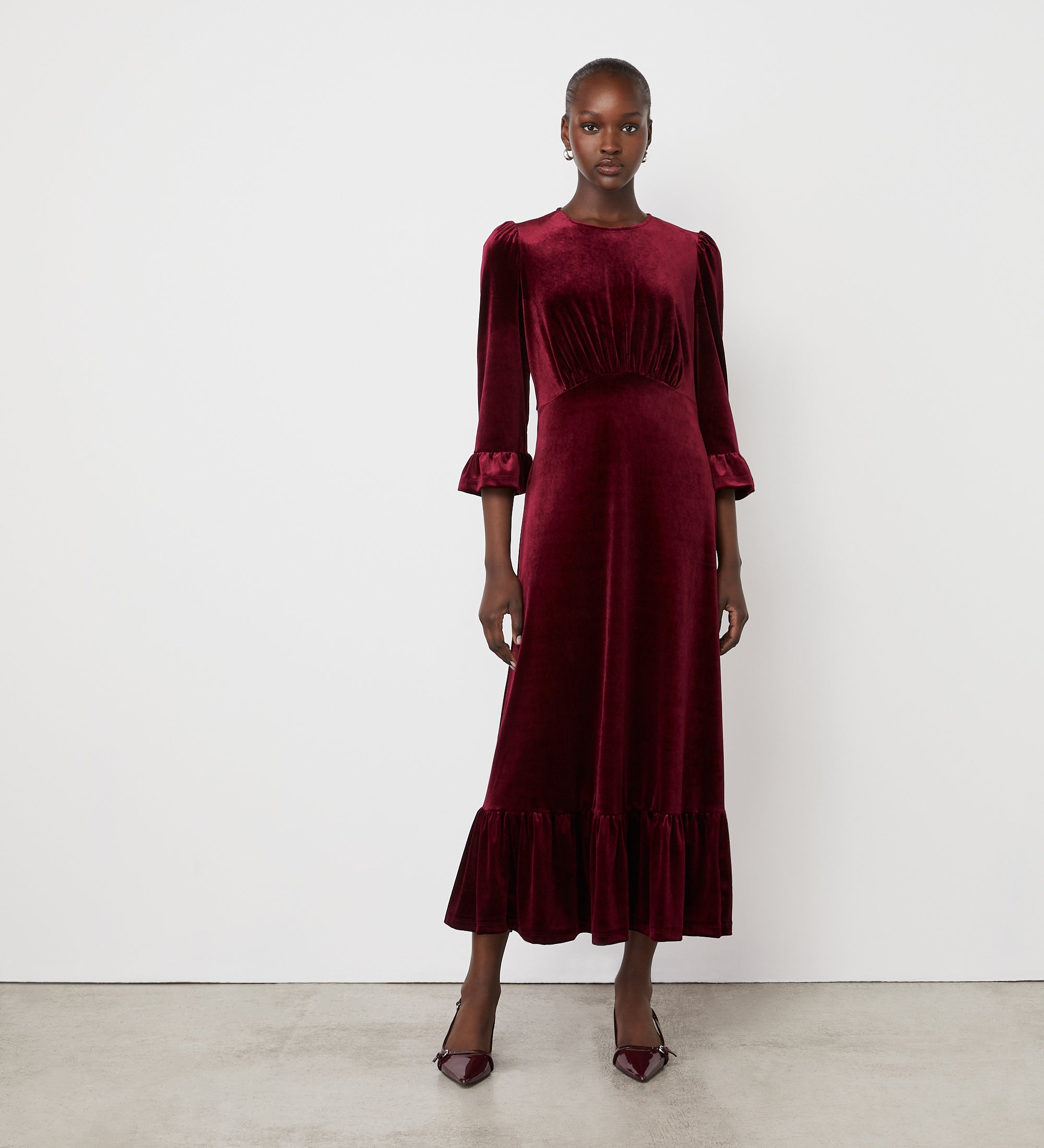 Scarlett Burgundy Velvet Midi Dress Finery London