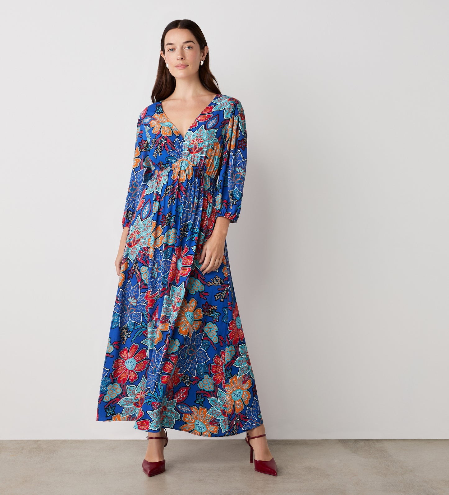 Serena Blue Floral Heavy Crepe Midi Dress