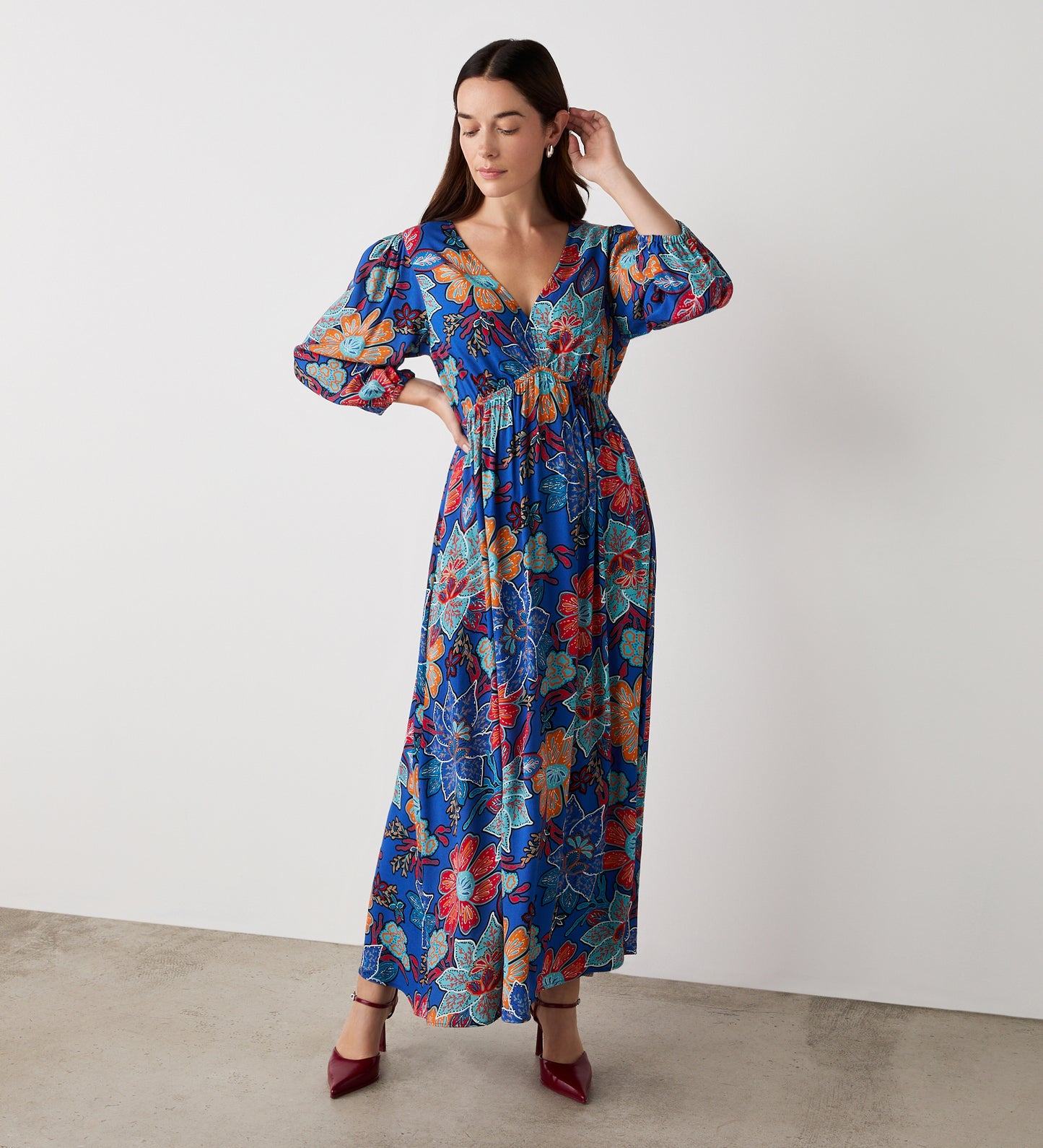 Serena Blue Floral Heavy Crepe Midi Dress