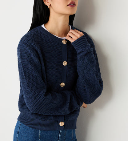 Saskia Dark Navy Cotton Button Front Cardigan