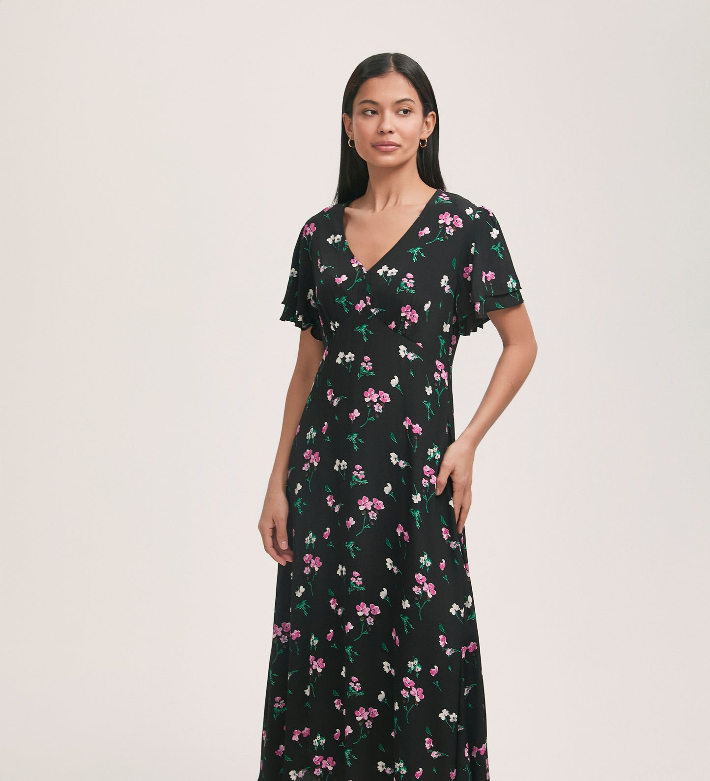 Saskia Black Floral Crepe Midi Tea Dress