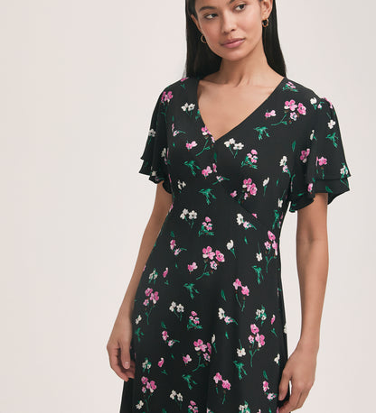 Saskia Black Floral Crepe Midi Tea Dress