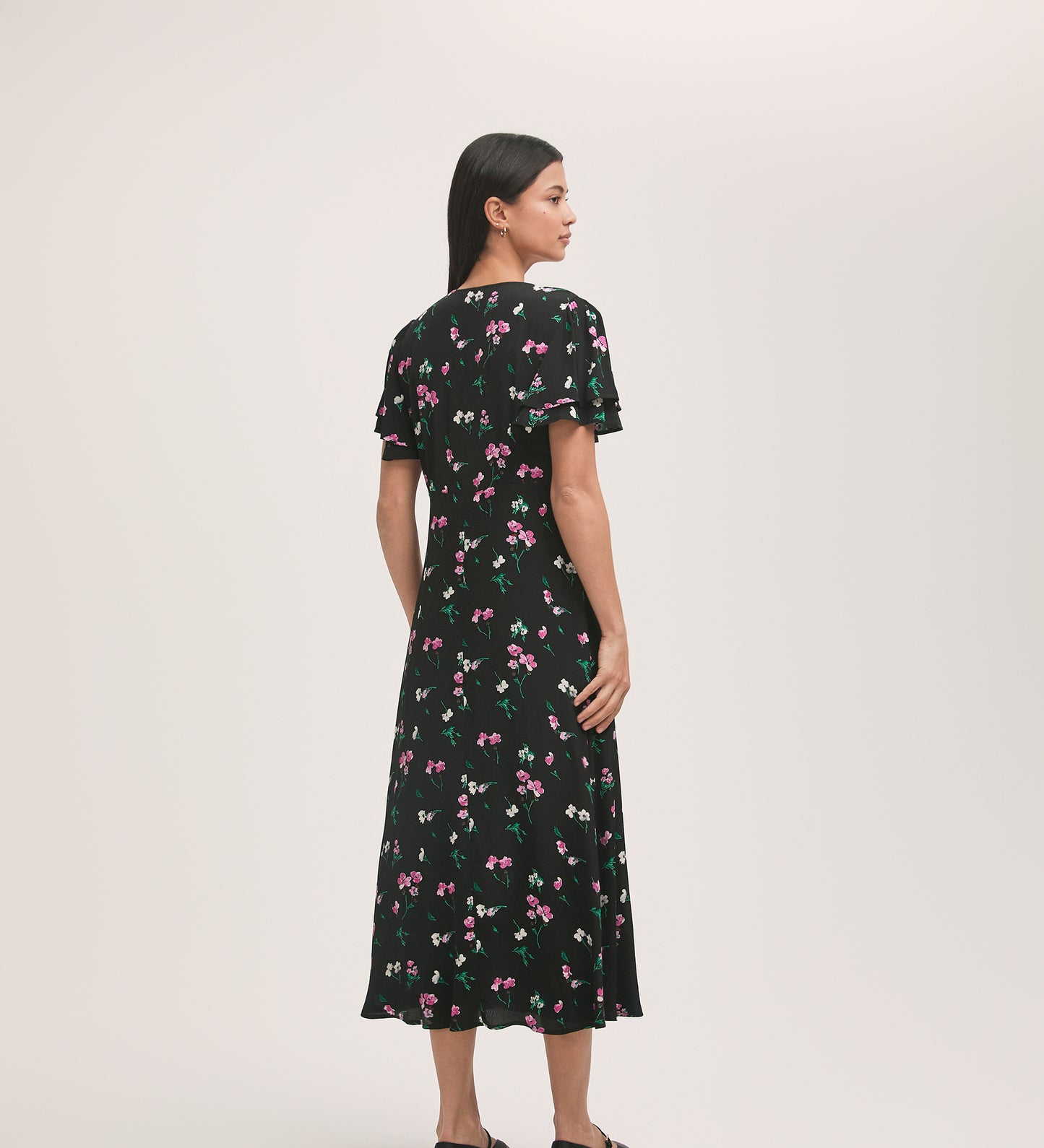 Saskia Black Floral Crepe Midi Tea Dress