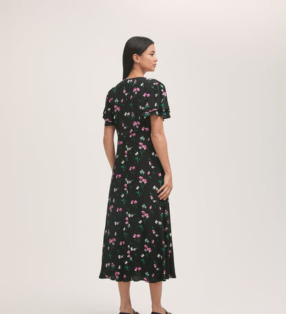 Saskia Black Floral Crepe Midi Tea Dress