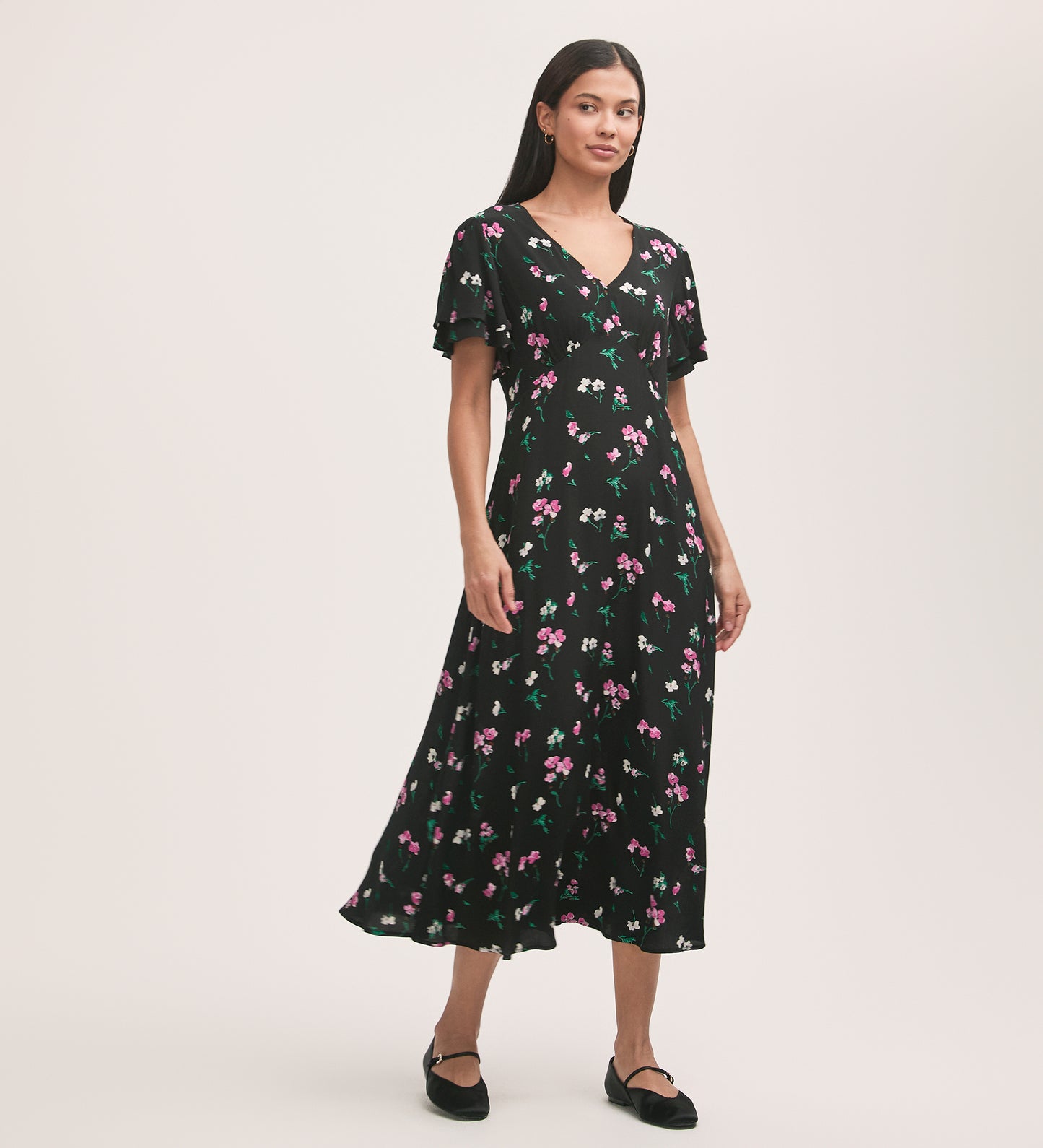 Saskia Black Floral Crepe Midi Tea Dress