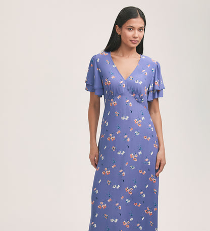 Saskia Blue Floral Crepe Midi Tea Dress