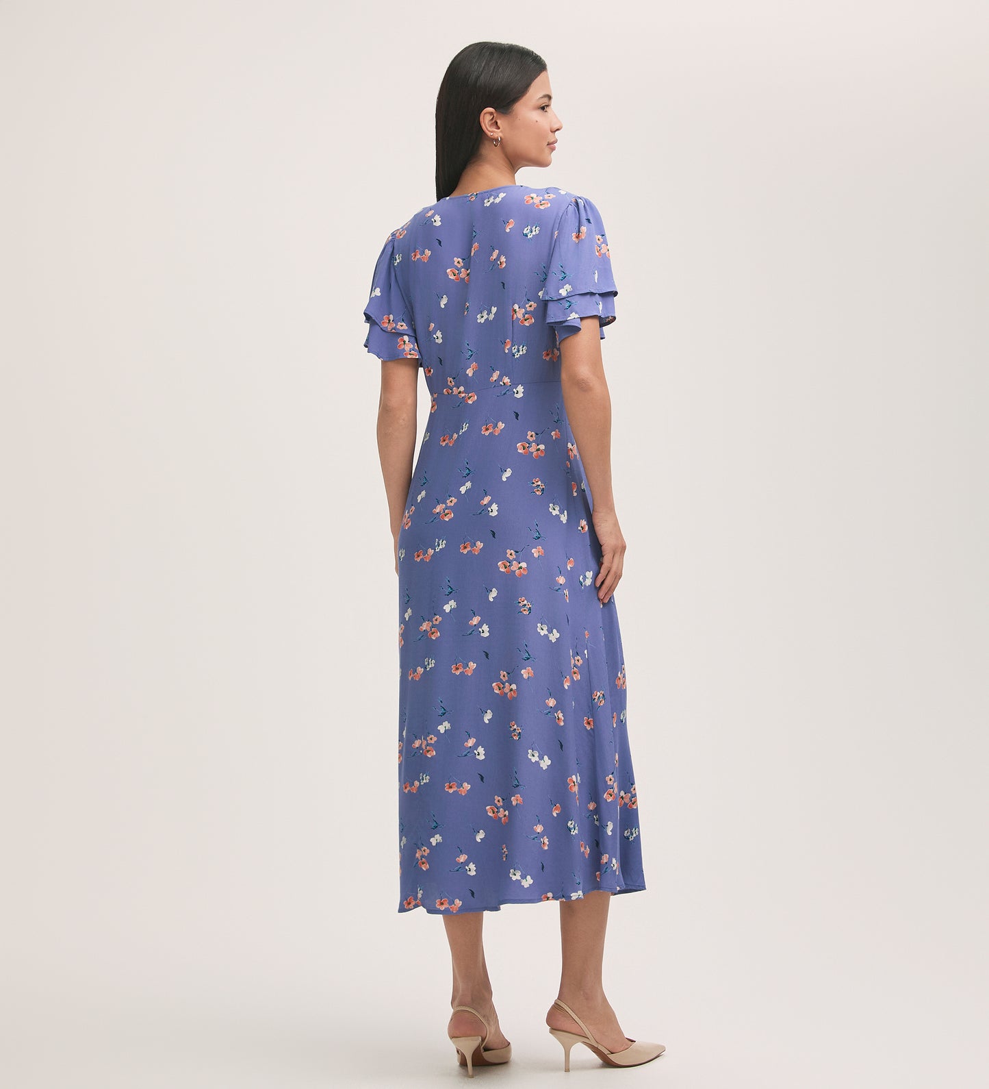 Saskia Blue Floral Crepe Midi Tea Dress