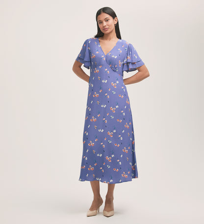 Saskia Blue Floral Crepe Midi Tea Dress