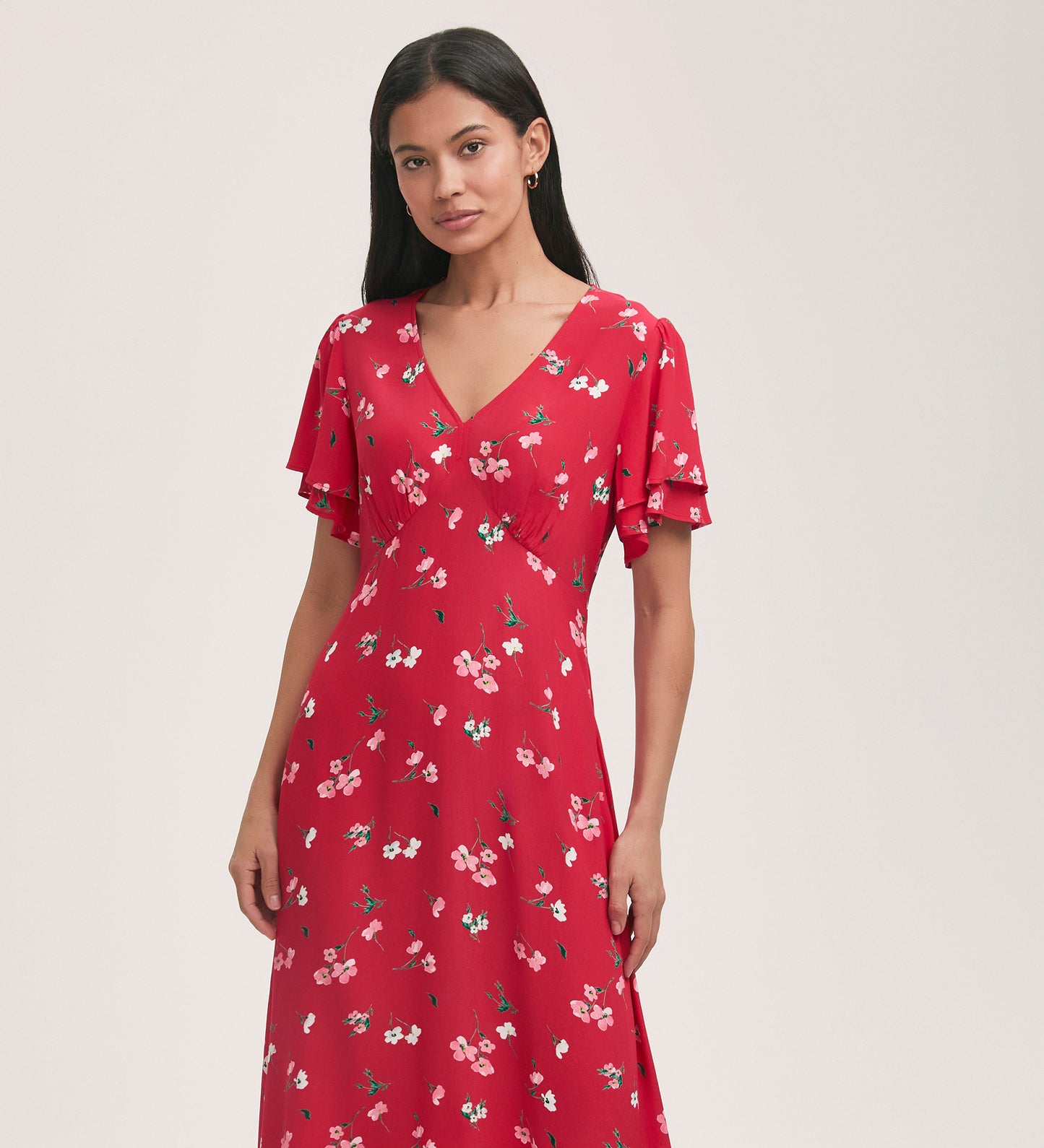 Saskia Red Floral Crepe Midi Tea Dress