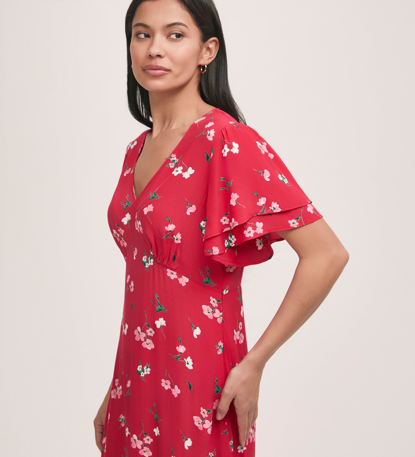 Saskia Red Floral Crepe Midi Tea Dress