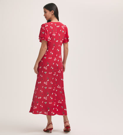 Saskia Red Floral Crepe Midi Tea Dress