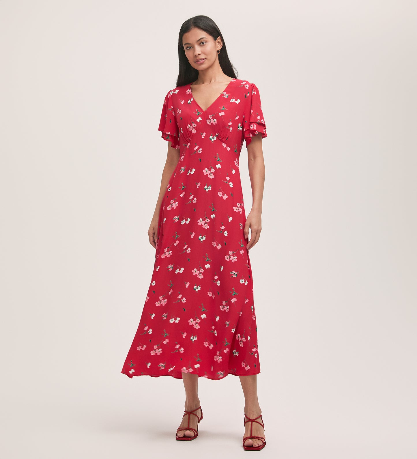 Saskia Red Floral Crepe Midi Tea Dress