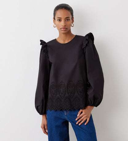 Serena Black Broderie Anglaise Cotton Blouse