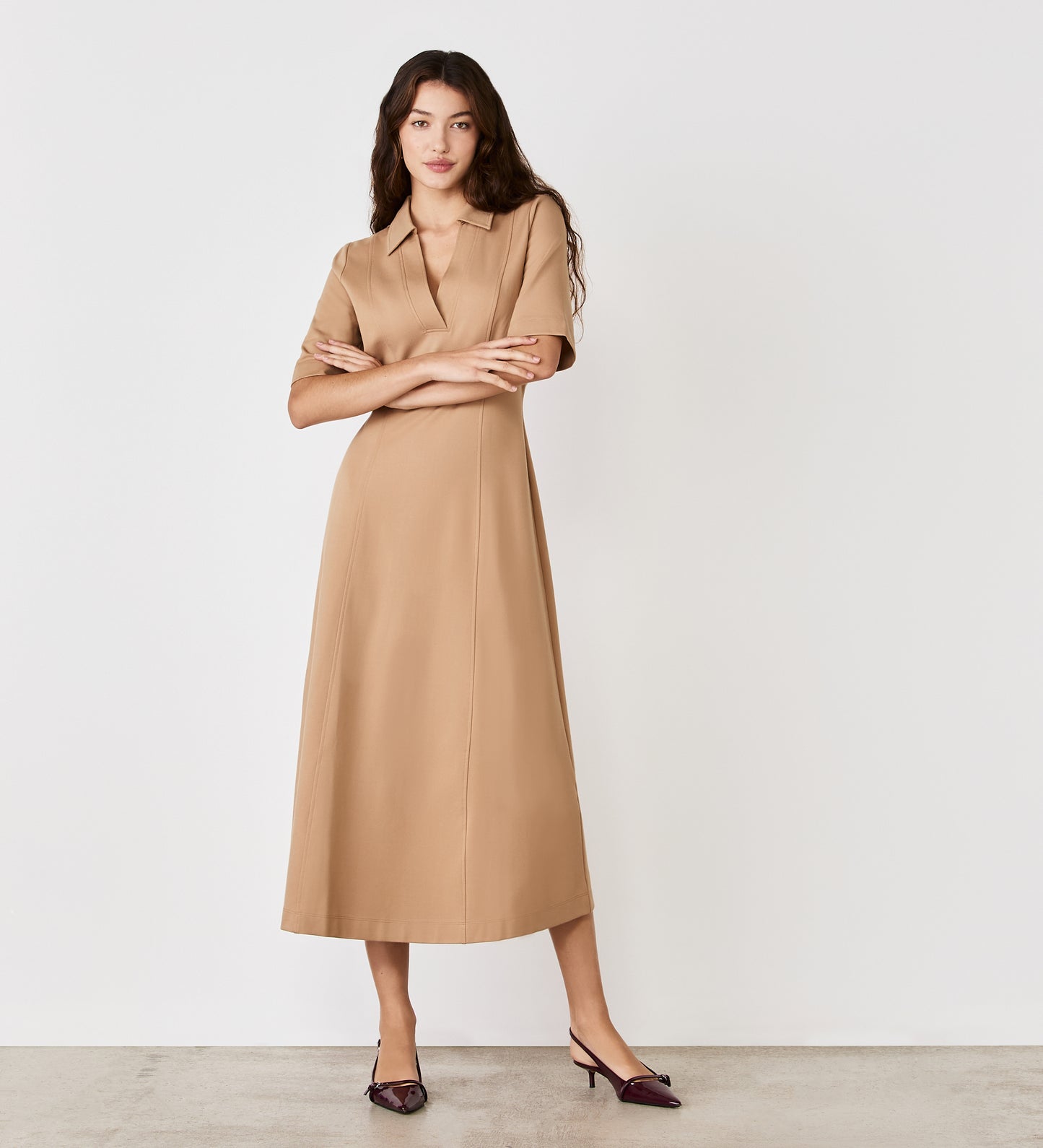 Trinity Camel Ponte Jersey Midi Dress