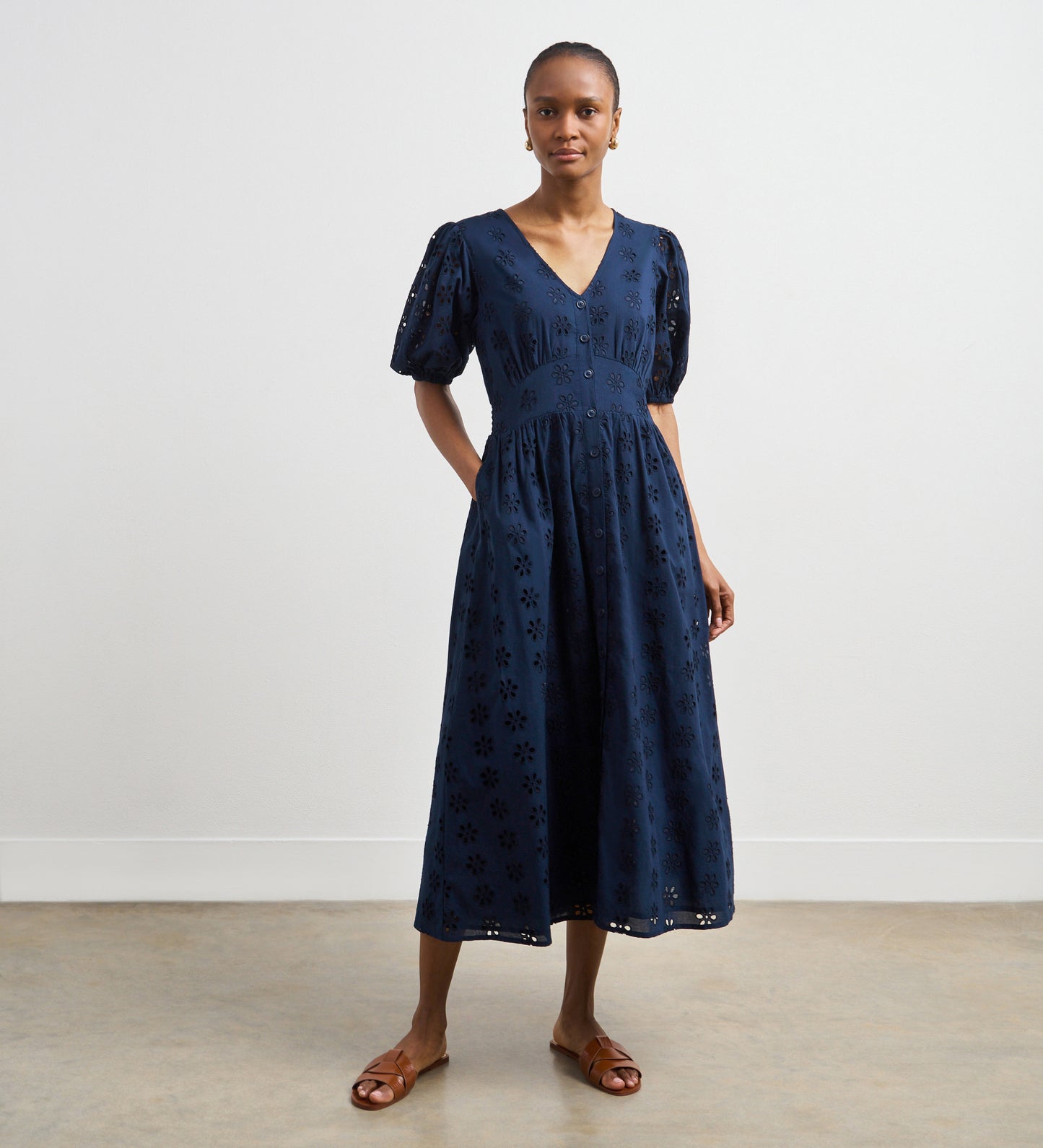 Una Navy Broderie Anglaise Midi Dress