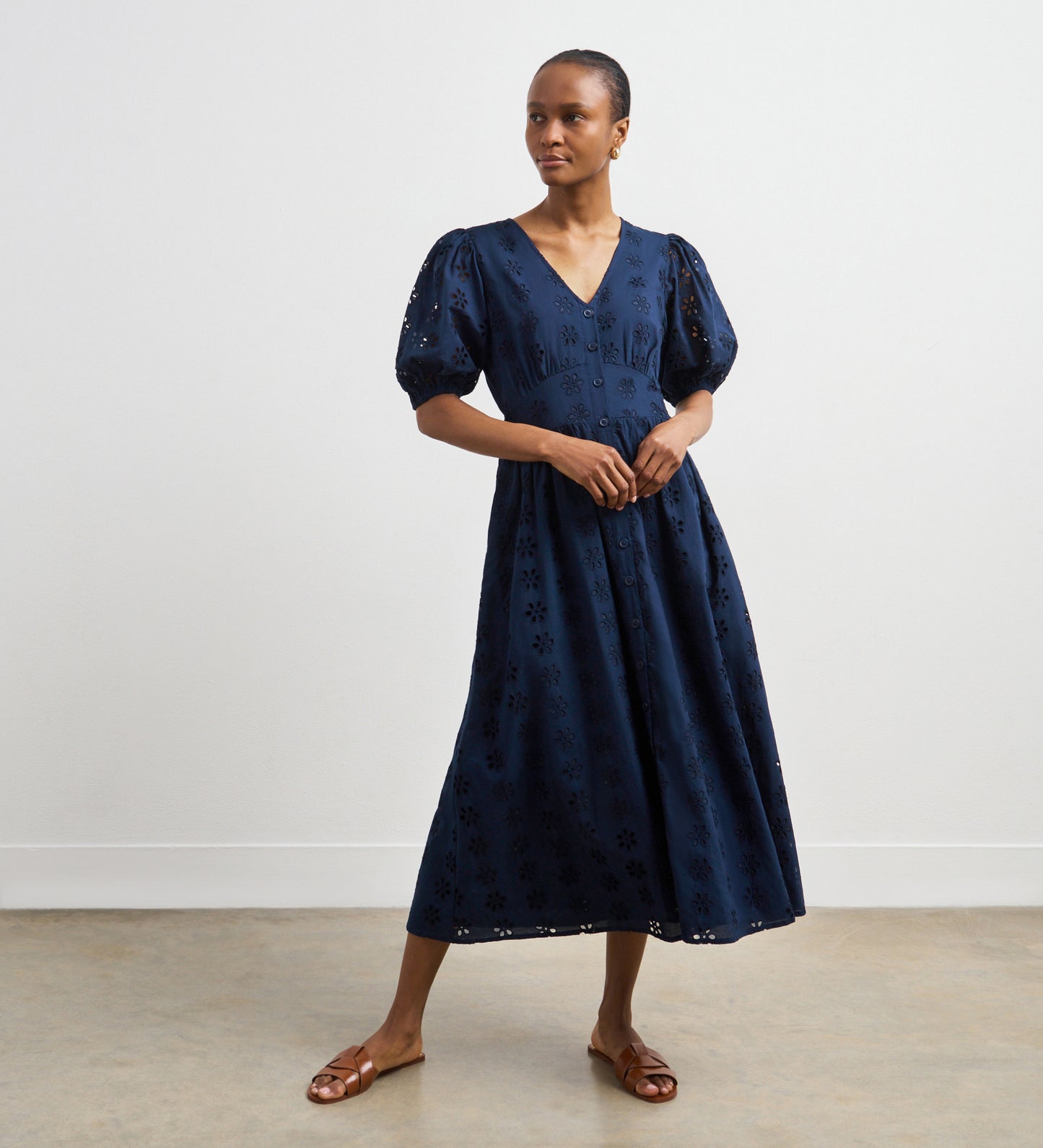 Una Navy Broderie Anglaise Midi Dress