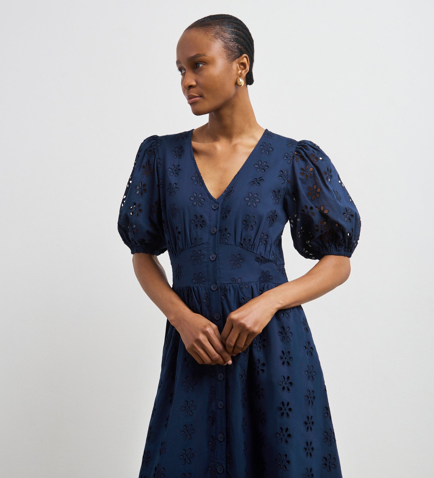 Una Navy Broderie Anglaise Midi Dress