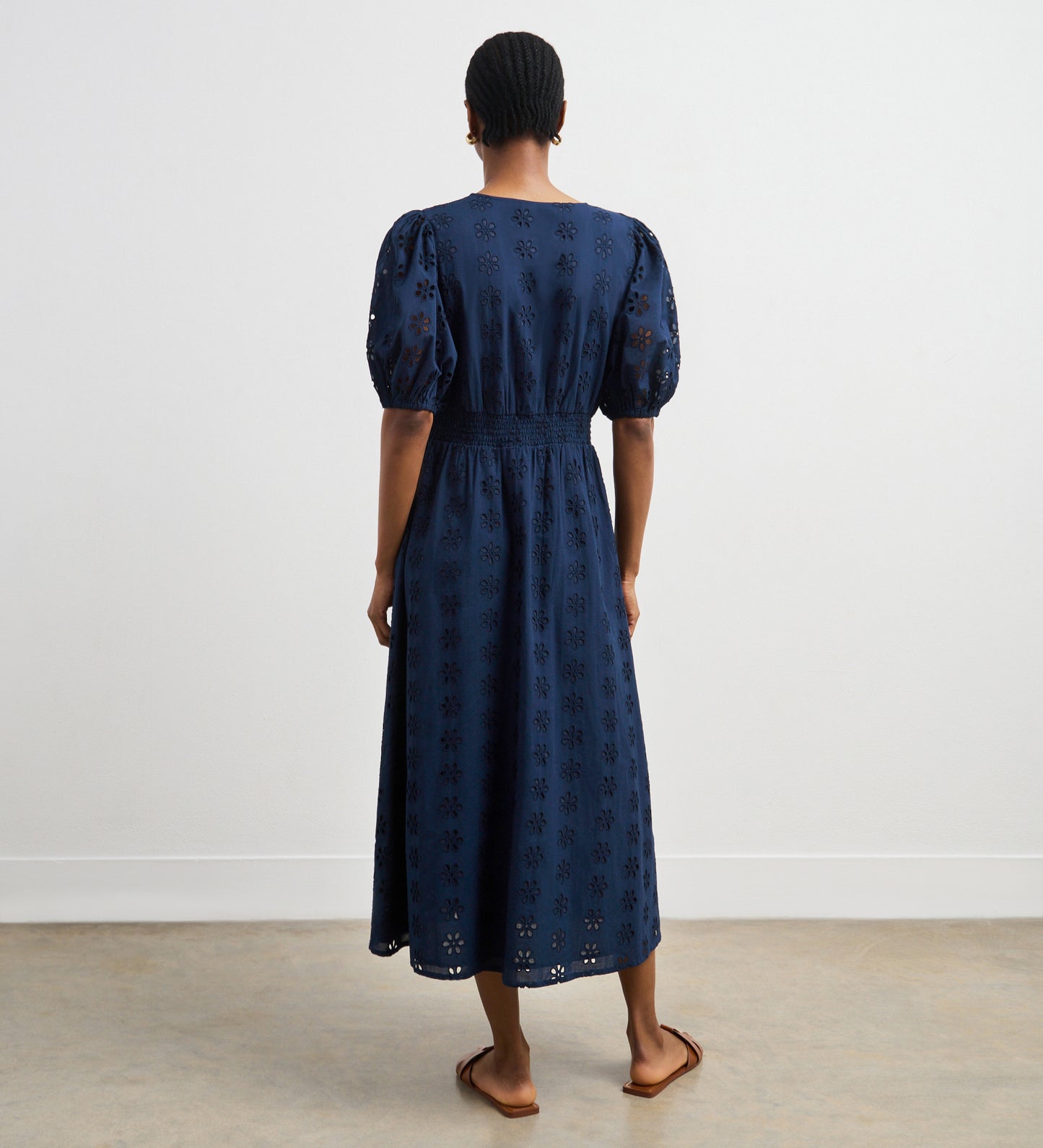 Una Navy Broderie Anglaise Midi Dress