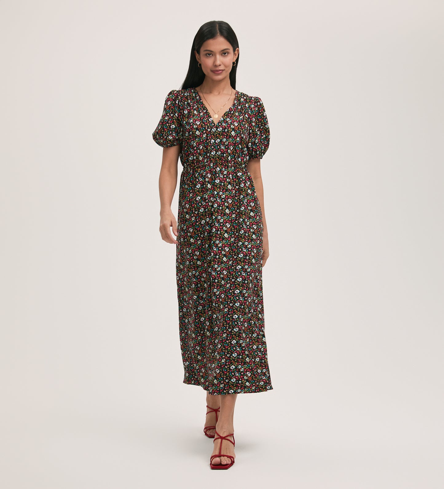 Vittoria Black Floral Crepe Midi Dress