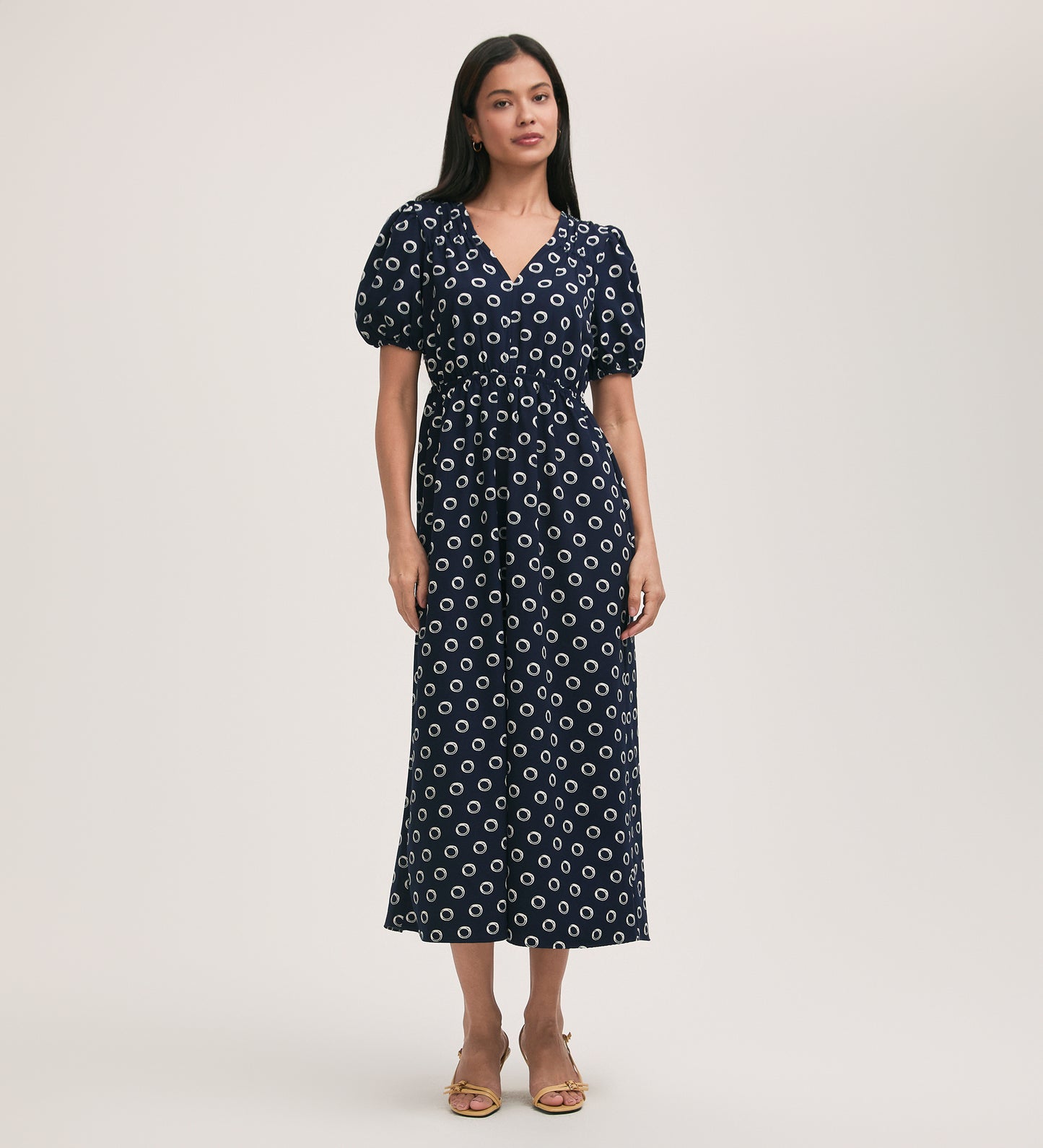 Vittoria Navy Polka Dot Crepe Midi Dress