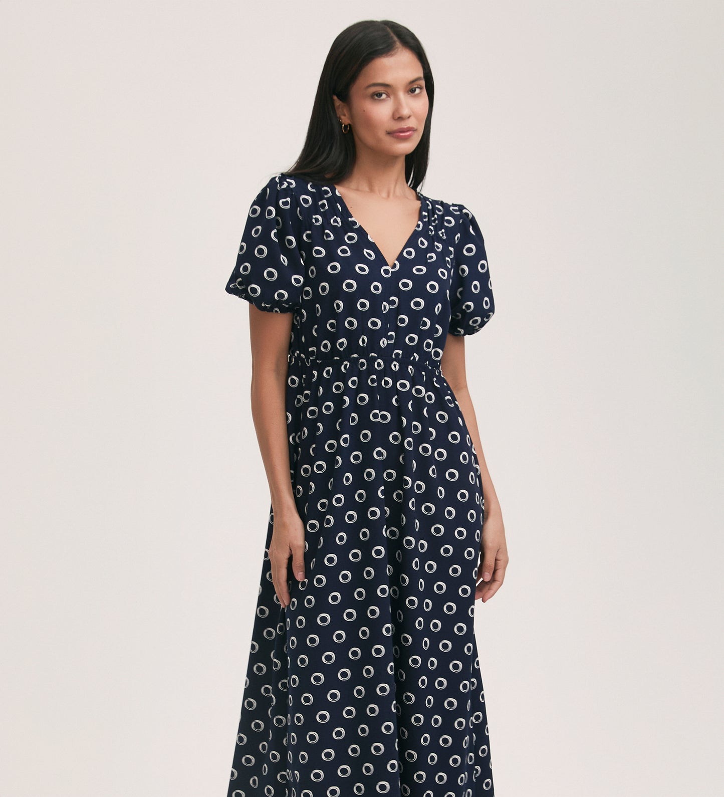 Vittoria Navy Polka Dot Crepe Midi Dress