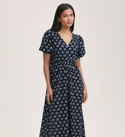 Vittoria Navy Polka Dot Crepe Midi Dress