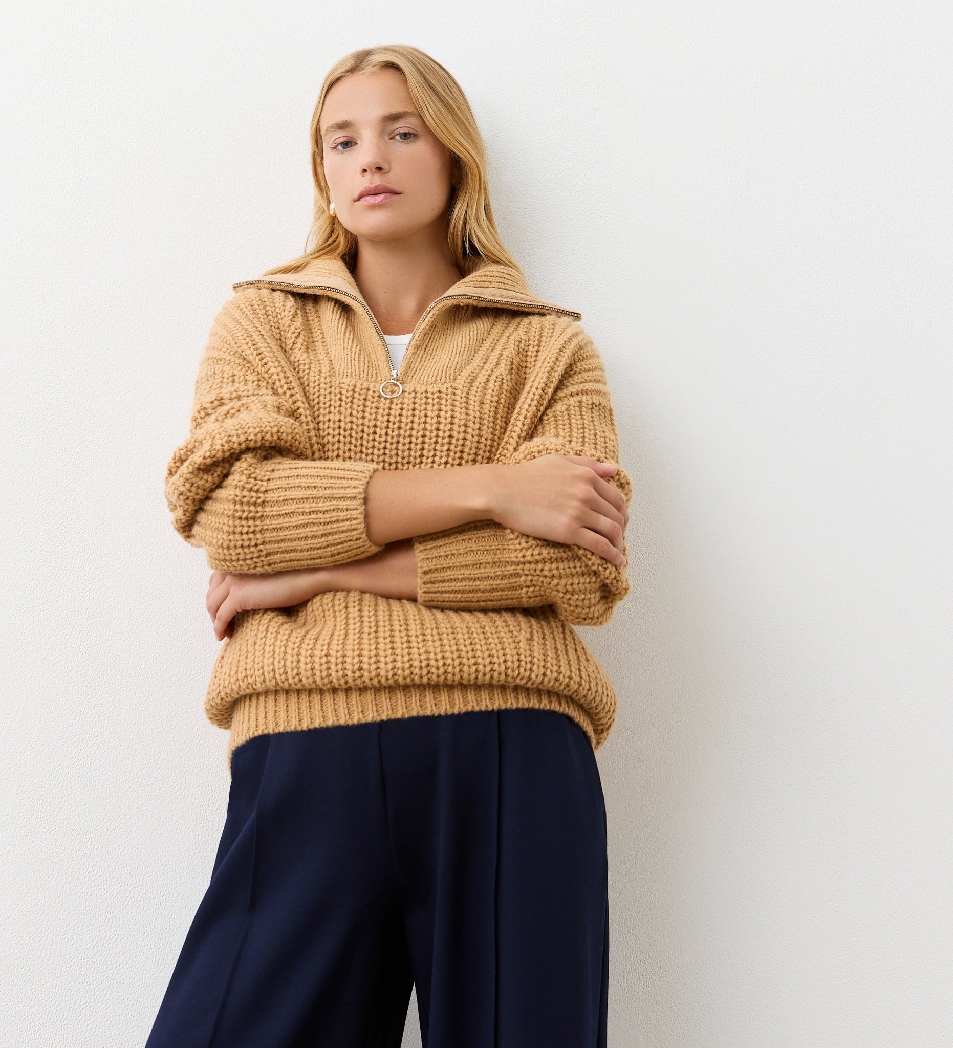 Wilma Camel Half Zip Funnel Neck Jumper – Finery London