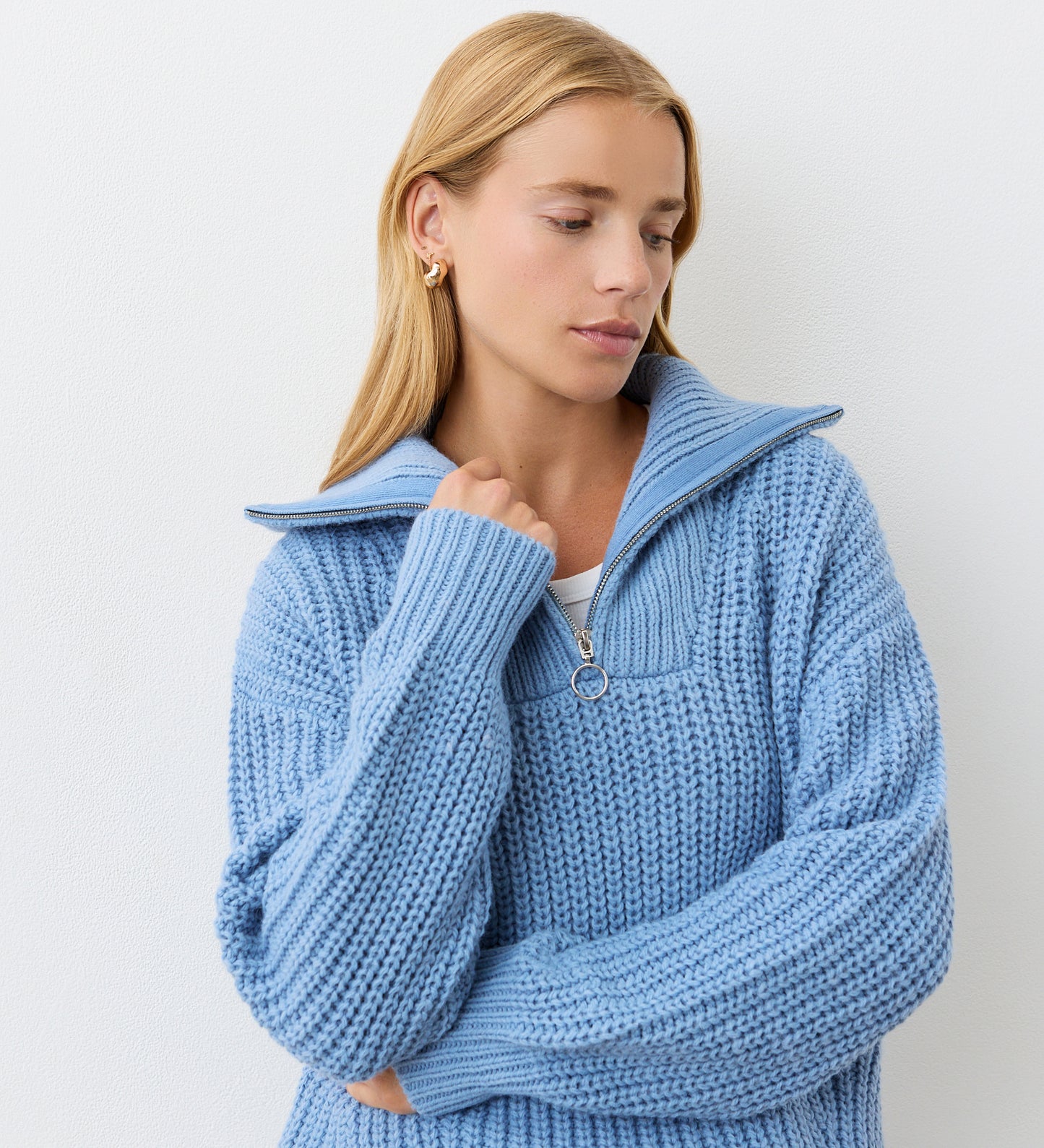 Wilma Denim Blue Half Zip Funnel Neck Jumper