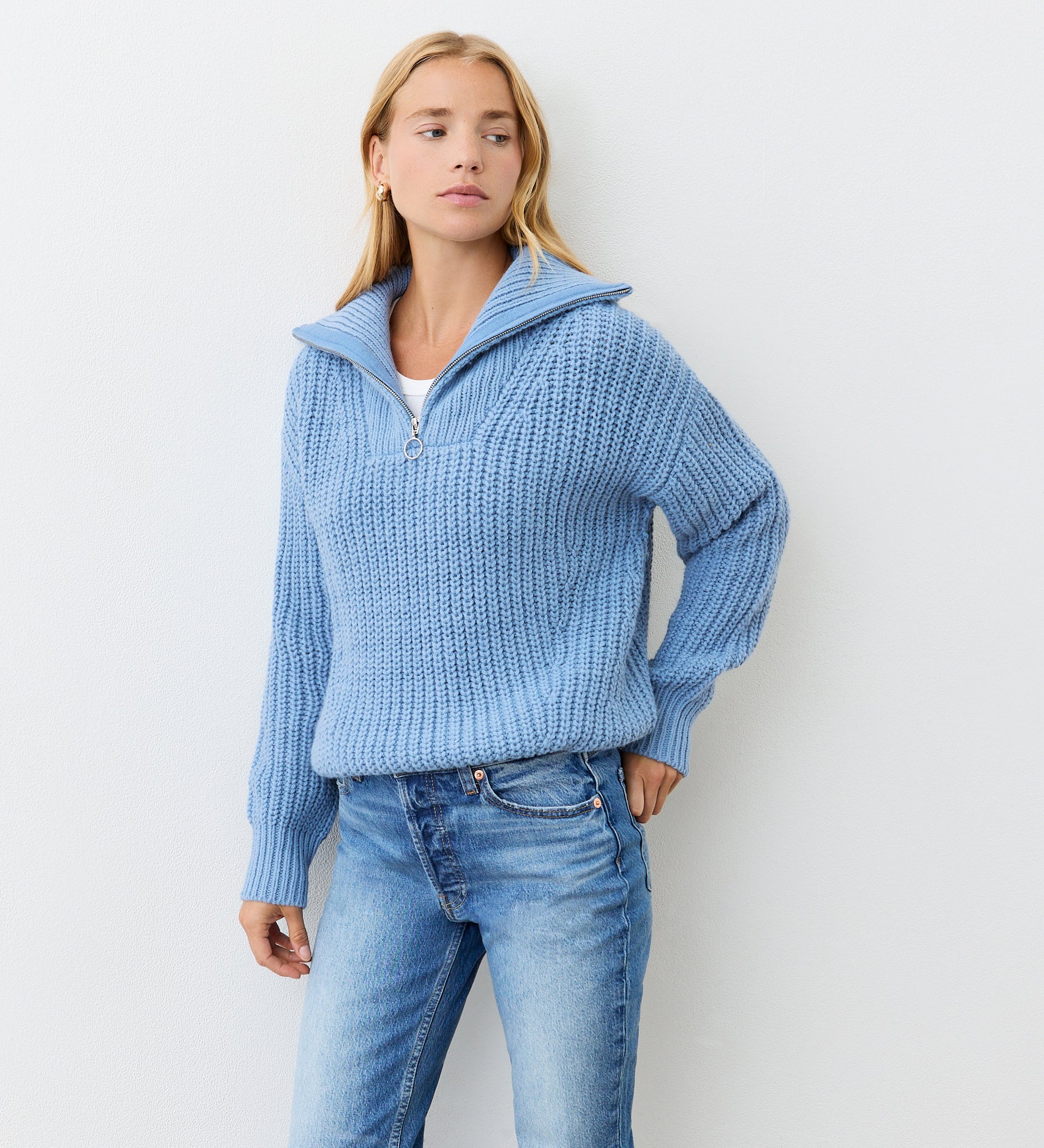 Wilma Denim Blue Half Zip Funnel Neck Jumper – Finery London