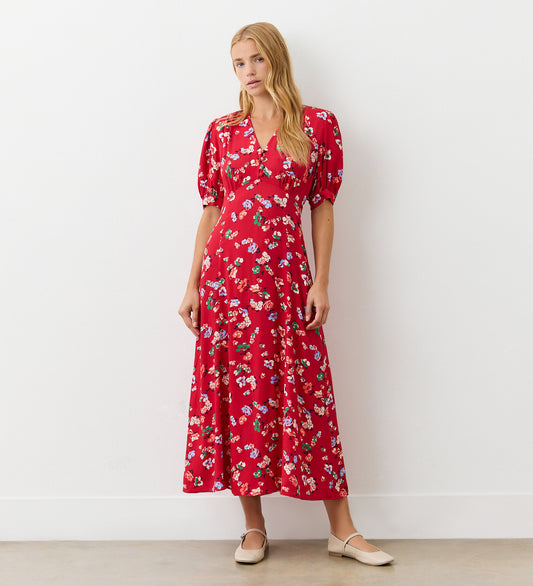 Colette Red Floral Crepe Midi Tea Dress