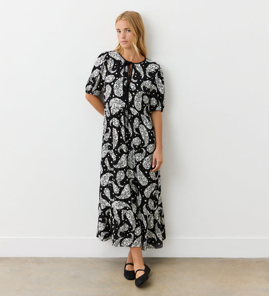 Cyra Black Paisley Crepe Tie Neck Dress