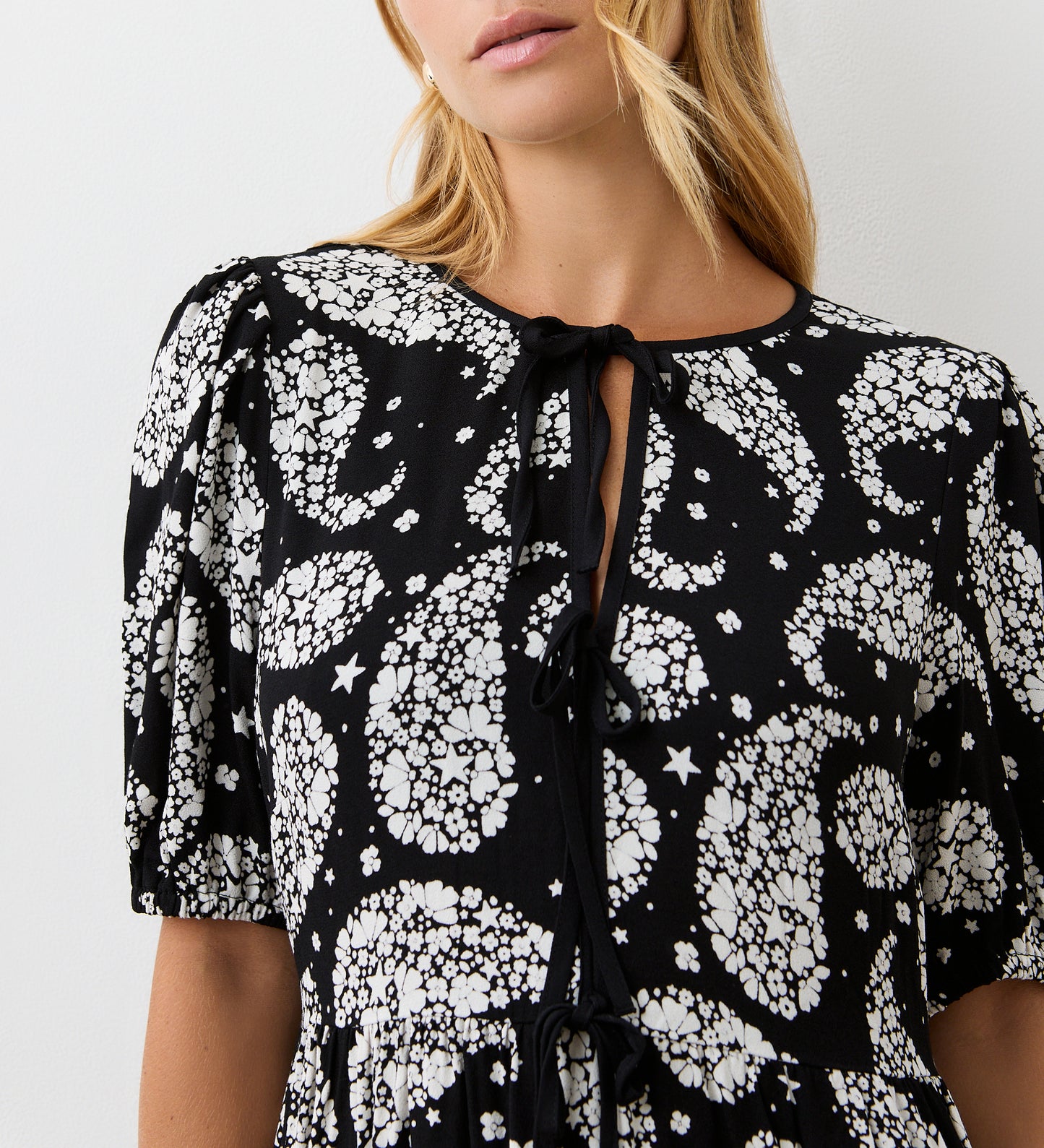 Cyra Black Paisley Crepe Tie Neck Dress