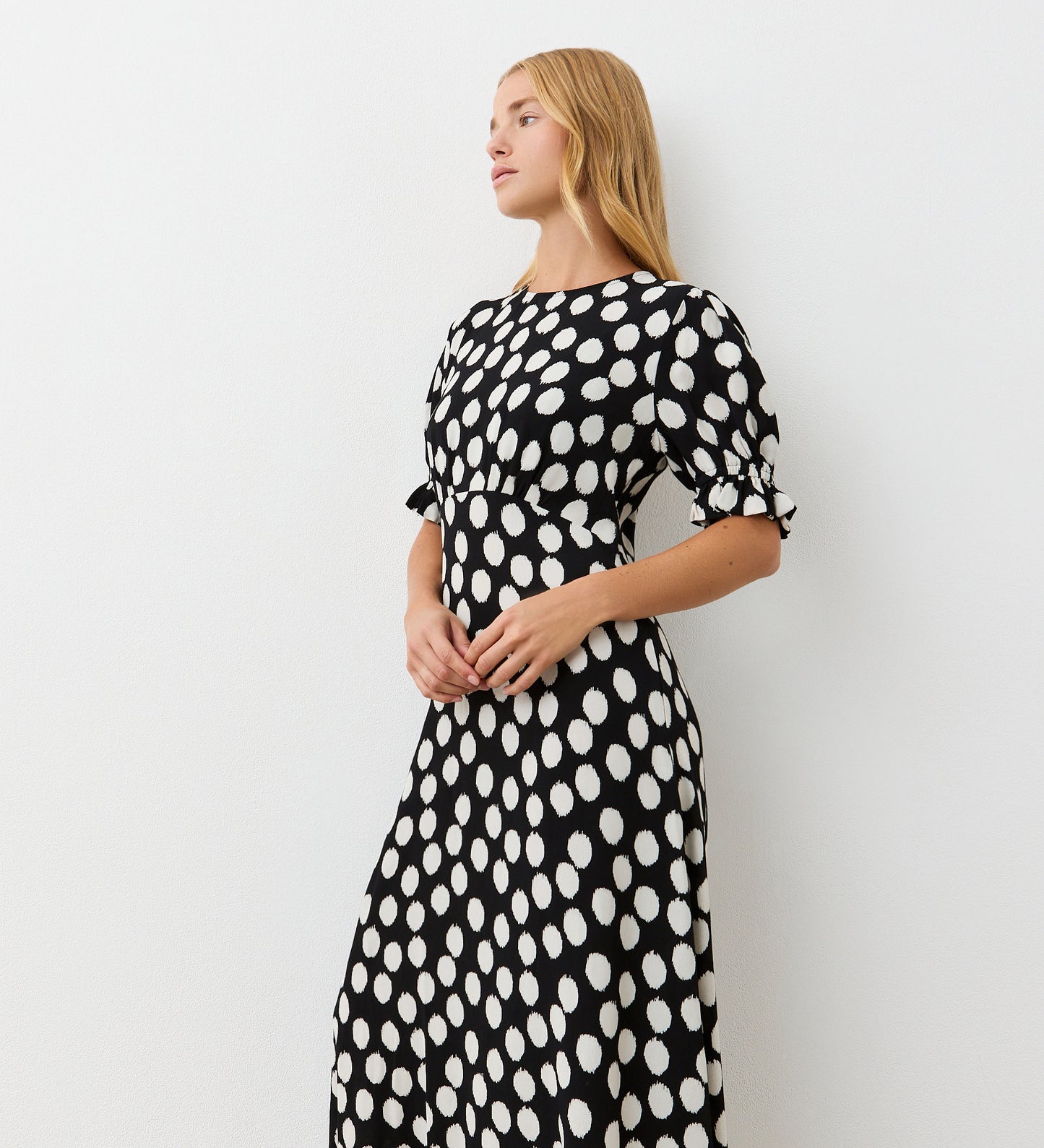 Mela Black Spot Crepe Midi Dress