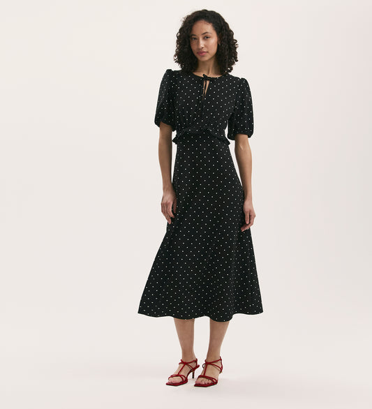 Anika Black Polka Dot Crepe Midi Tea Dress