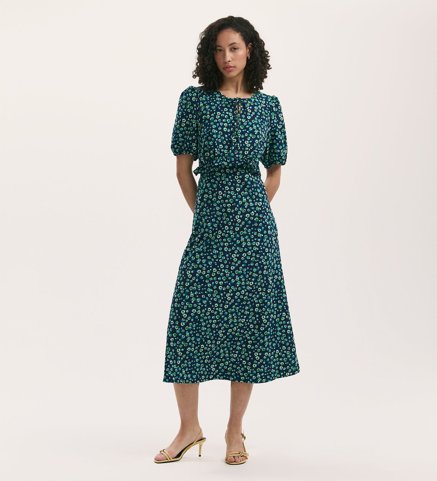 Anika Navy Ditsy Crepe Midi Tea Dress