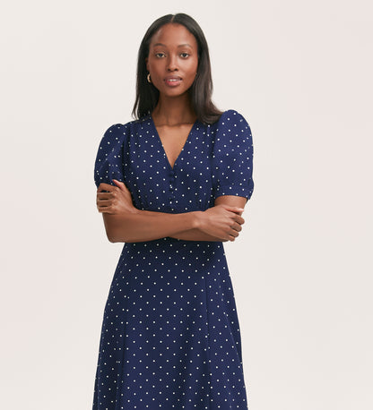 Colette Navy Polka Dot Crepe Midi Tea Dress