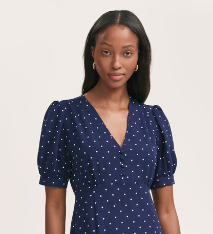 Colette Navy Polka Dot Crepe Midi Tea Dress