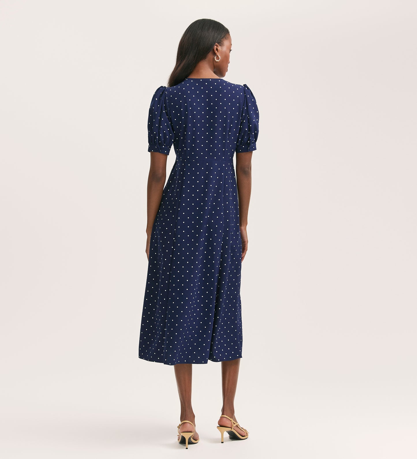 Colette Navy Polka Dot Crepe Midi Tea Dress