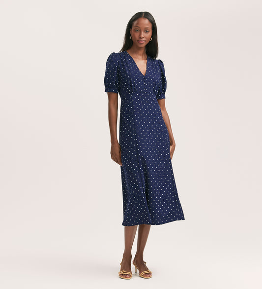 Colette Navy Polka Dot Crepe Midi Tea Dress