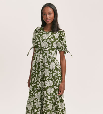 Demi Khaki Floral Crepe Midi Tiered Dress