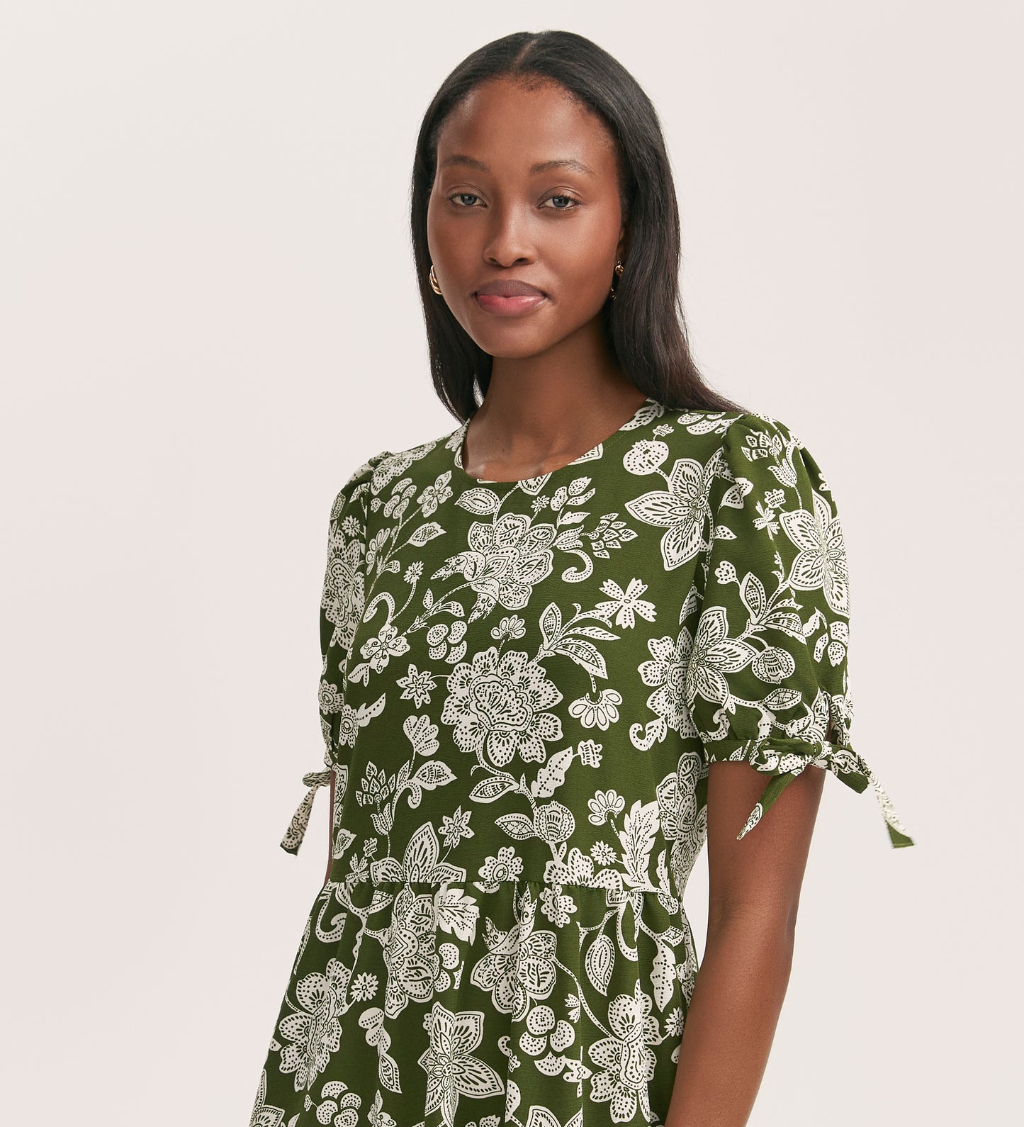 Demi Khaki Floral Crepe Midi Tiered Dress