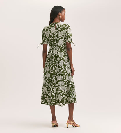 Demi Khaki Floral Crepe Midi Tiered Dress