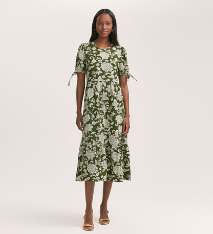 Demi Khaki Floral Crepe Midi Tiered Dress