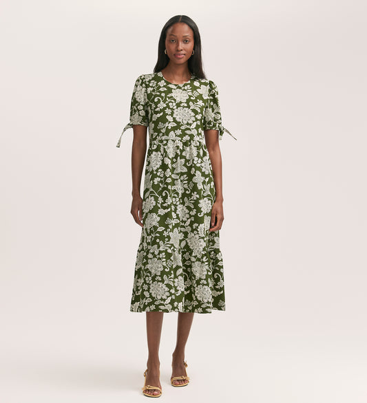 Demi Khaki Floral Crepe Tiered Midi Dress