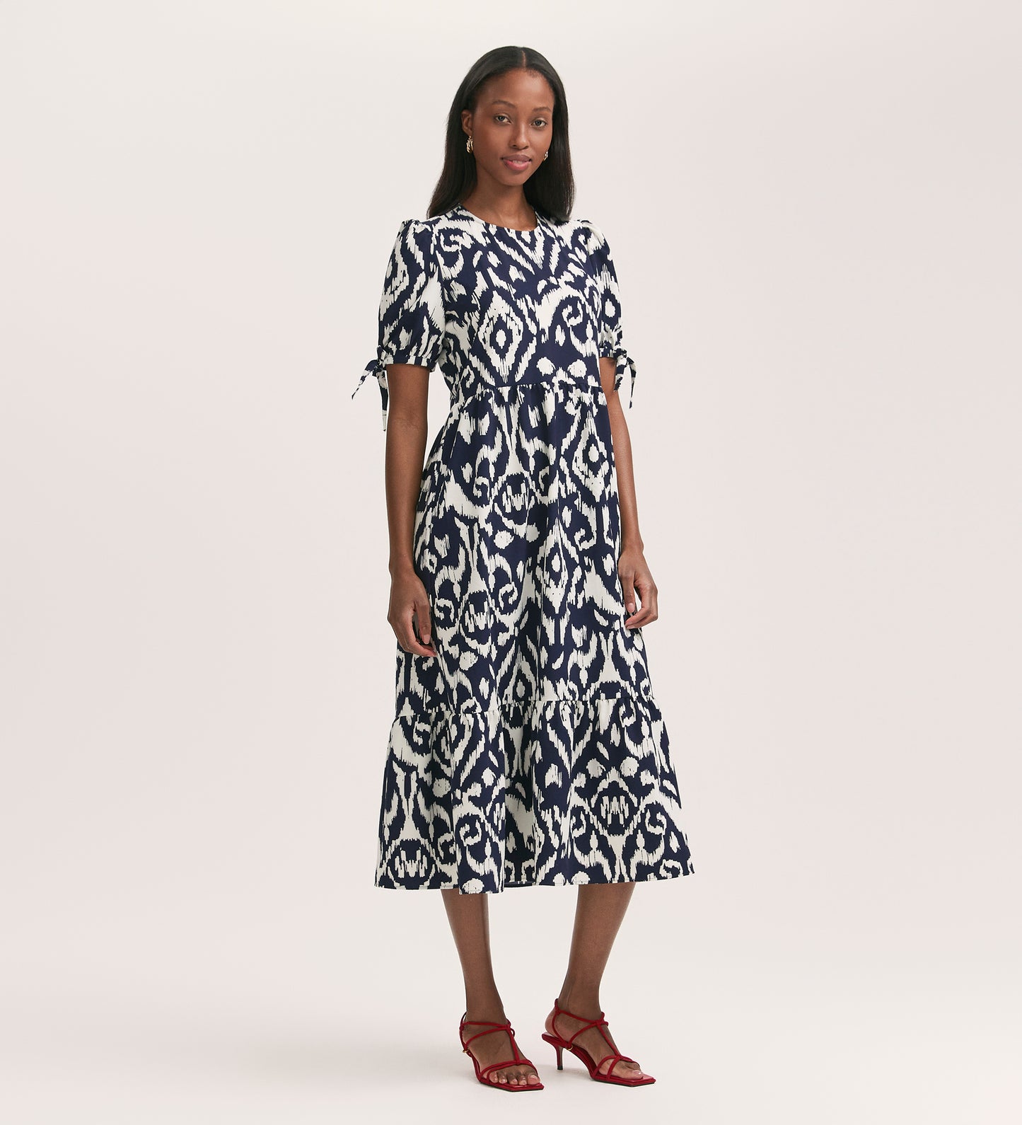 Demi Navy Ikat Crepe Midi Tiered Dress