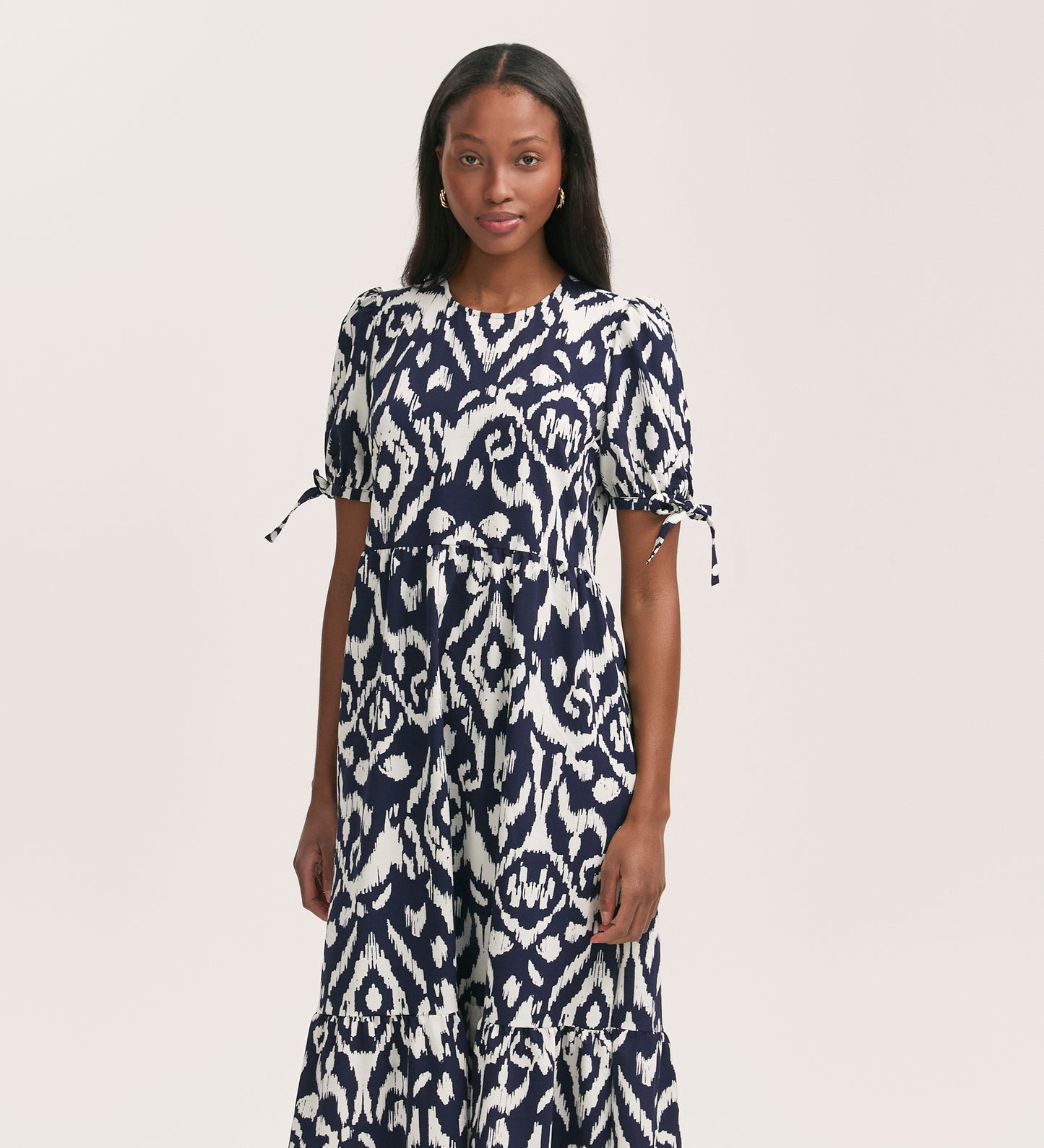 Demi Navy Ikat Crepe Midi Tiered Dress