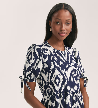 Demi Navy Ikat Crepe Midi Tiered Dress