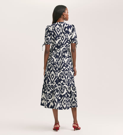 Demi Navy Ikat Crepe Midi Tiered Dress