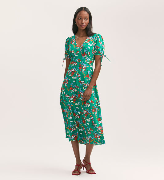 Gabriella Green Floral Crepe Midi Dress