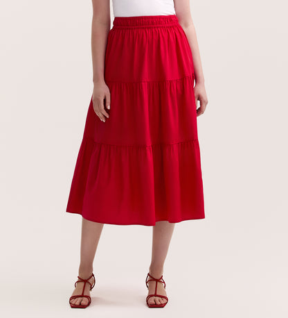 Harleen Red Cotton Midi Skirt